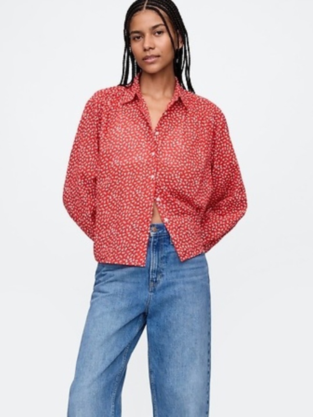 GAP  red white floral Relaxed Button-Front long sleeve Shirt